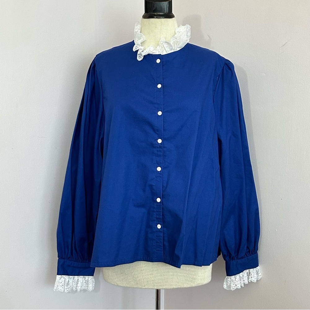 Vintage Blue High Neck Lace Blouse XL